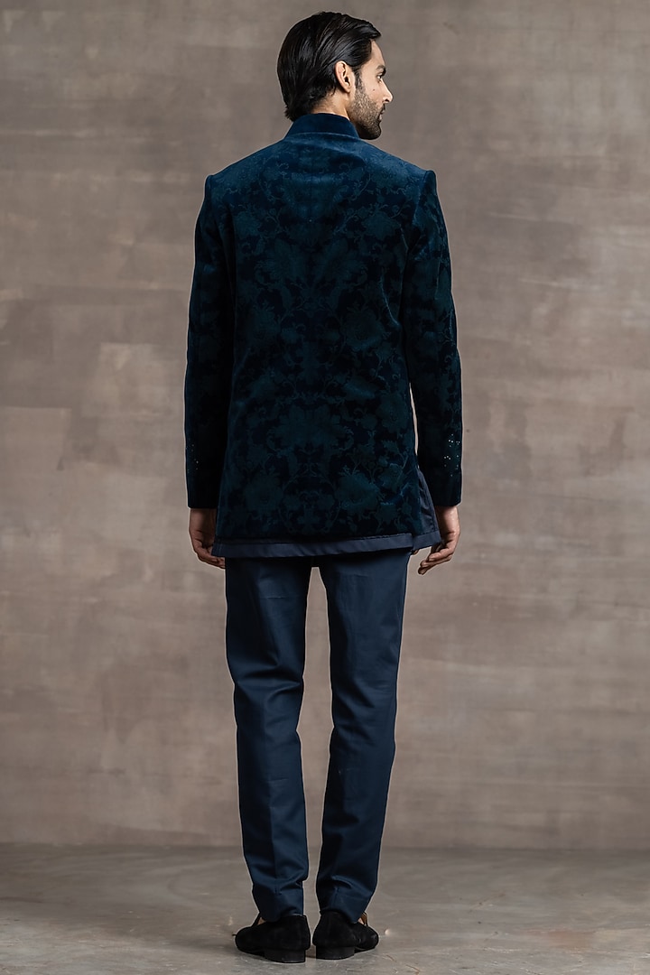 Teal Blue Velvet Groom Bandhgala Set by Tarun Tahiliani Men at Pernia's Pop Up Shop
