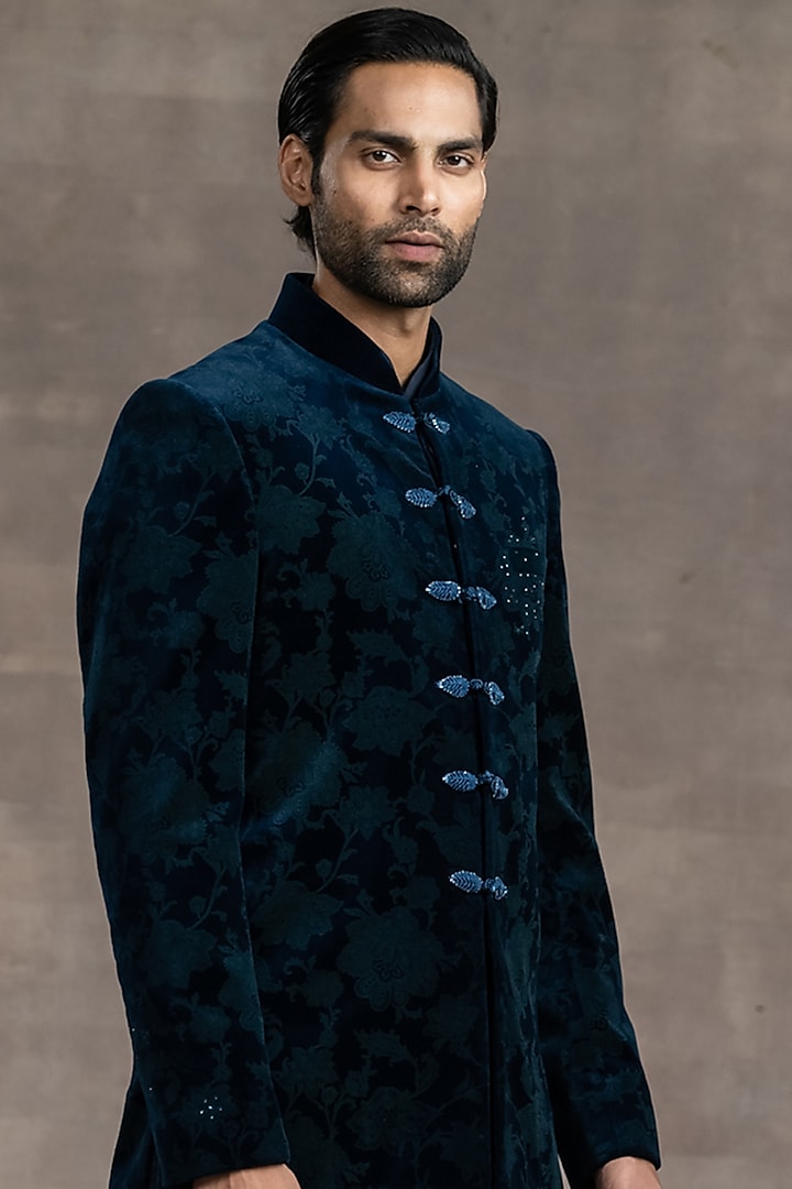 Teal Blue Velvet Groom Bandhgala Set by Tarun Tahiliani Men at Pernia's Pop Up Shop