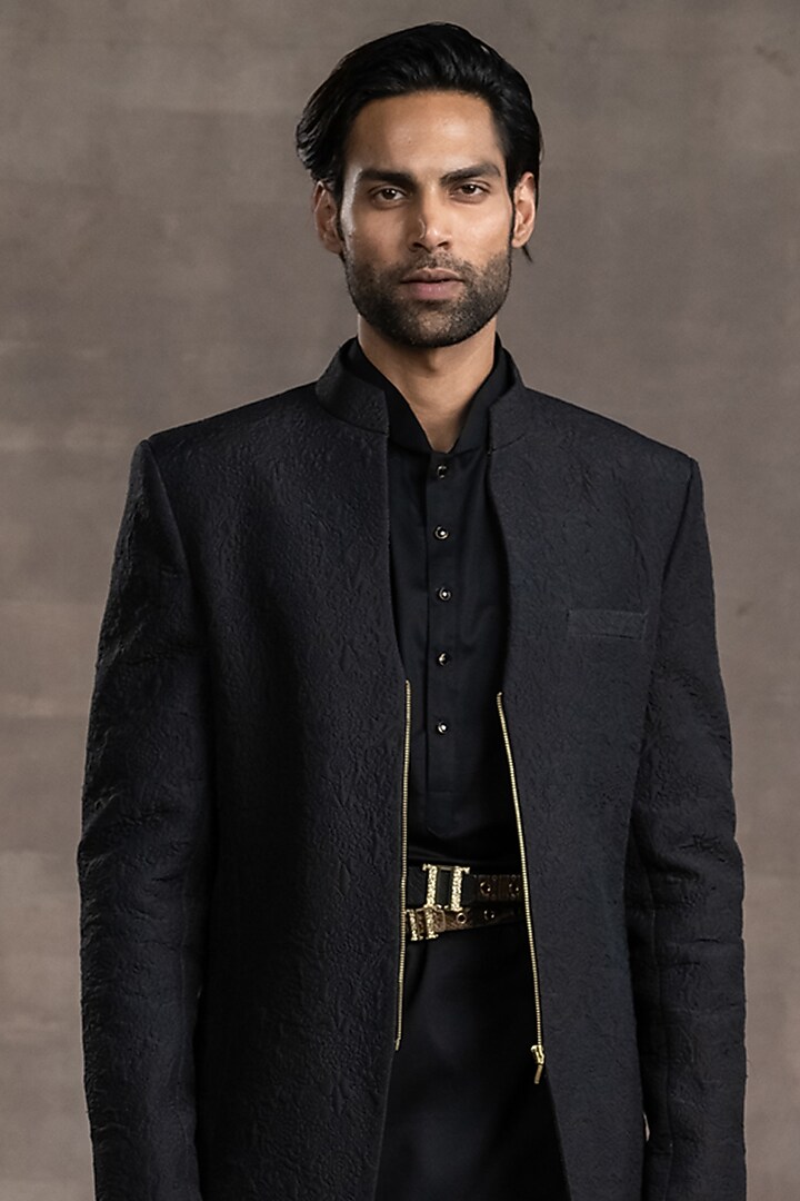 Black Quilted Groom Indowestern Set by Tarun Tahiliani Men at Pernia's Pop Up Shop