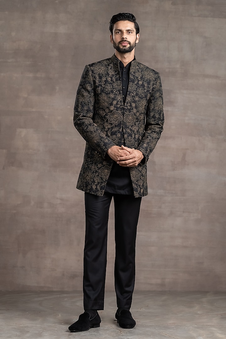 Black Quilted Floral Indowestern Set by Tarun Tahiliani Men