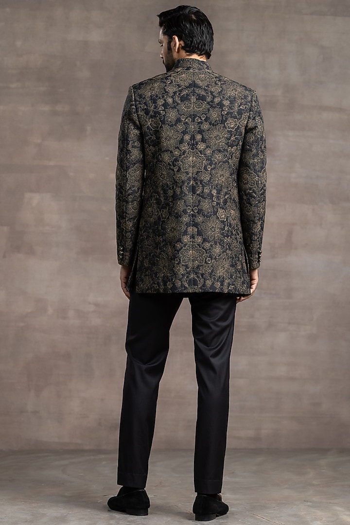 Black Quilted Floral Groom Indowestern Set by Tarun Tahiliani Men at Pernia's Pop Up Shop