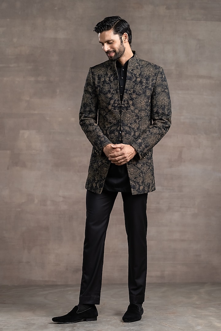 Black Quilted Floral Groom Indowestern Set by Tarun Tahiliani Men at Pernia's Pop Up Shop