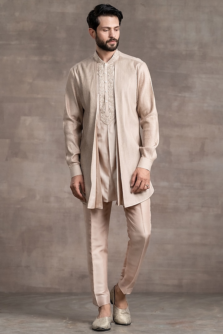 Gold Pleated Kurta Set by Tarun Tahiliani Men