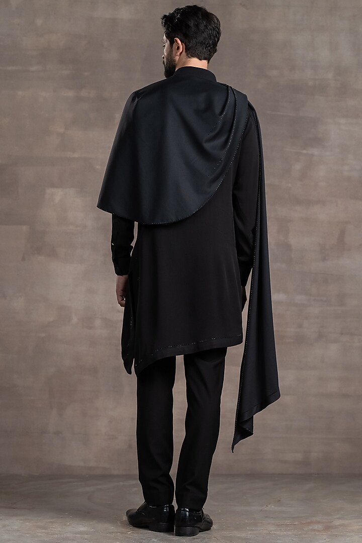 Black Silk Georgette Kurta Set With Drape by Tarun Tahiliani Men at Pernia's Pop Up Shop