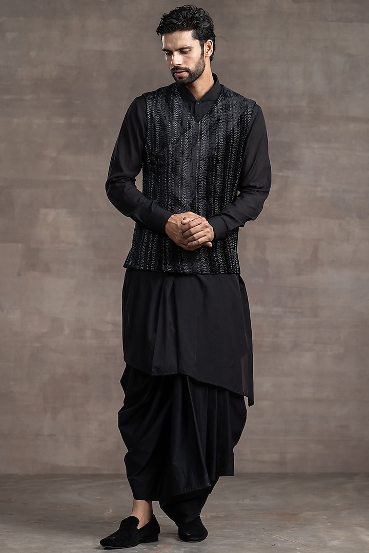 Black Silk Velvet Waist Coat by Tarun Tahiliani Men