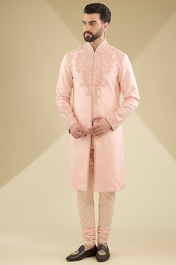 Salmon Silk Embroidered Kurta Set by Tarun Tahiliani Men