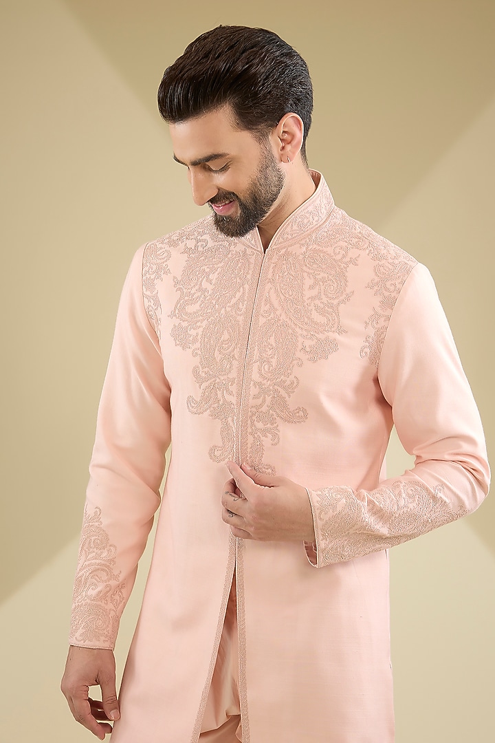 Salmon Silk Embroidered Kurta Set by Tarun Tahiliani Men at Pernia's Pop Up Shop