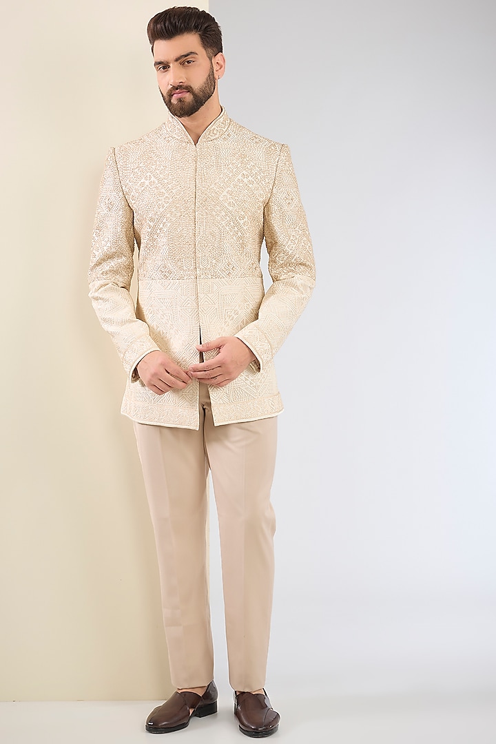 Ivory Silk Dupion Threadwork Structured Bandhgala by Tarun Tahiliani Men