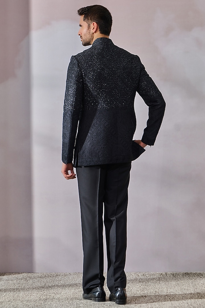Black Silk Dupion Thread Work Bandhgala by Tarun Tahiliani Men at Pernia's Pop Up Shop