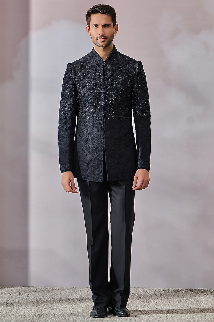 Black Silk Dupion Thread Work Bandhgala by Tarun Tahiliani Men at Pernia's Pop Up Shop