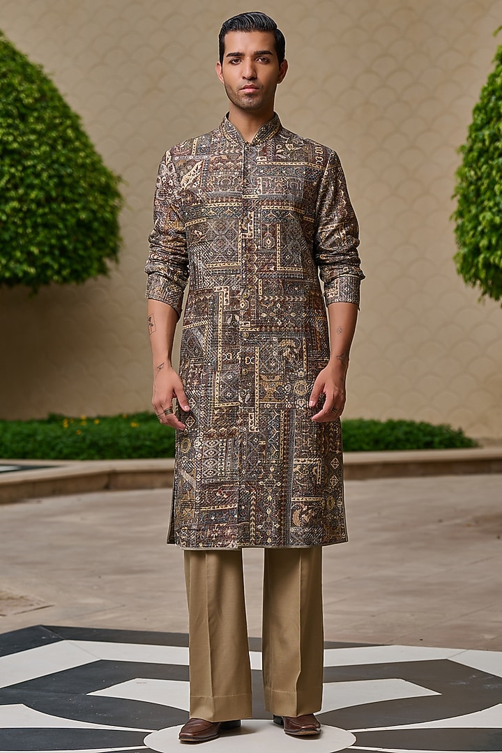 Brown Cotton Jacquard Printed Kurta Set by Tarun Tahiliani Men at Pernia's Pop Up Shop