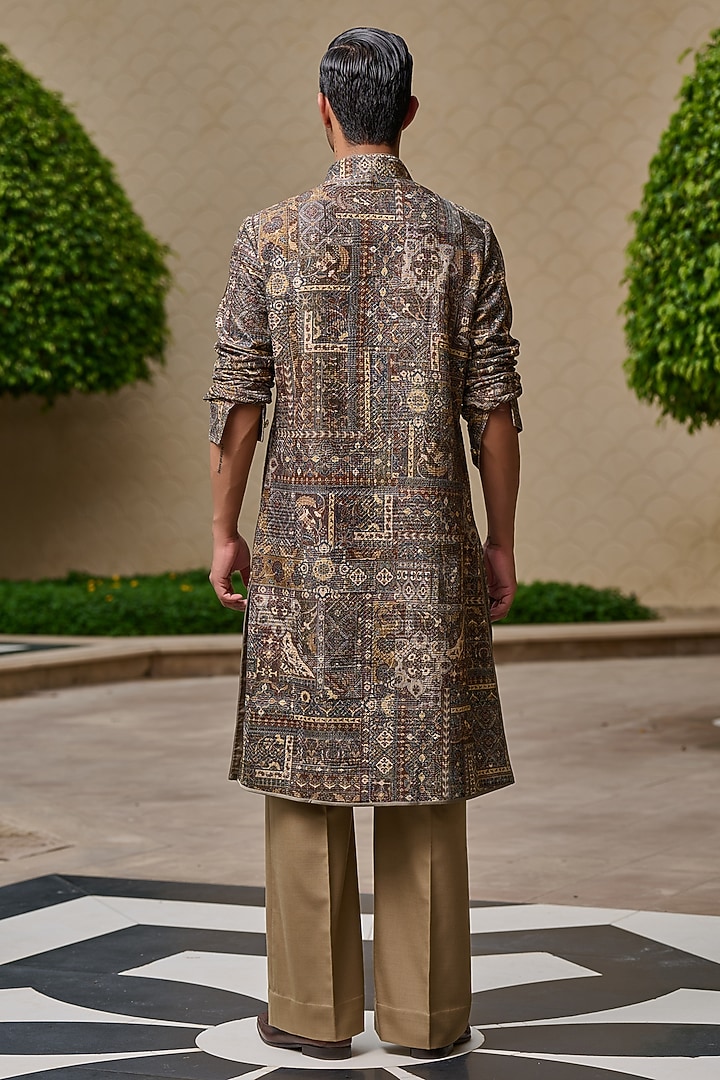 Brown Cotton Jacquard Printed Kurta Set by Tarun Tahiliani Men at Pernia's Pop Up Shop