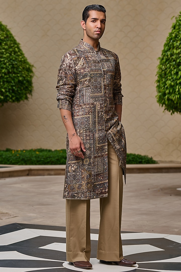 Brown Cotton Jacquard Printed Kurta Set by Tarun Tahiliani Men at Pernia's Pop Up Shop