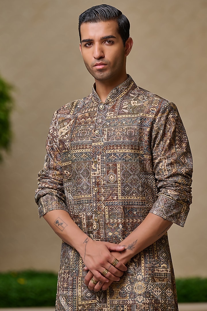 Brown Cotton Jacquard Printed Kurta Set by Tarun Tahiliani Men at Pernia's Pop Up Shop