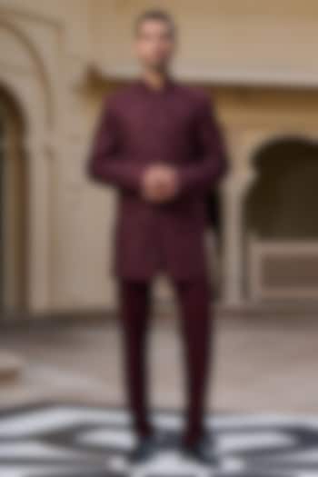 Wine Georgette Thread & Sequin Embroidered Groom Bandhgala Set by Tarun Tahiliani Men at Pernia's Pop Up Shop