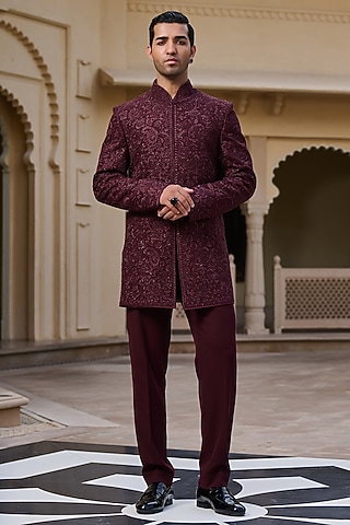 Wine Georgette Thread & Sequin Embroidered Bandhgala Set by Tarun Tahiliani Men