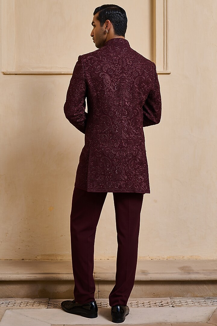 Wine Georgette Thread & Sequin Embroidered Groom Bandhgala Set by Tarun Tahiliani Men at Pernia's Pop Up Shop