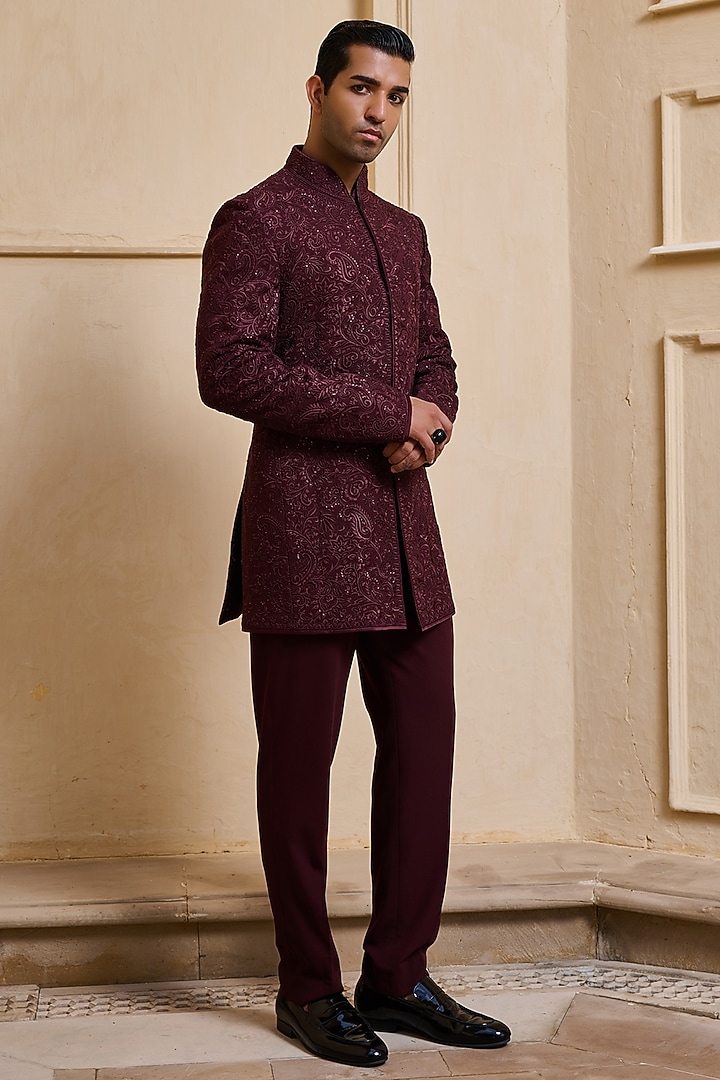 Wine Georgette Thread & Sequin Embroidered Groom Bandhgala Set by Tarun Tahiliani Men at Pernia's Pop Up Shop