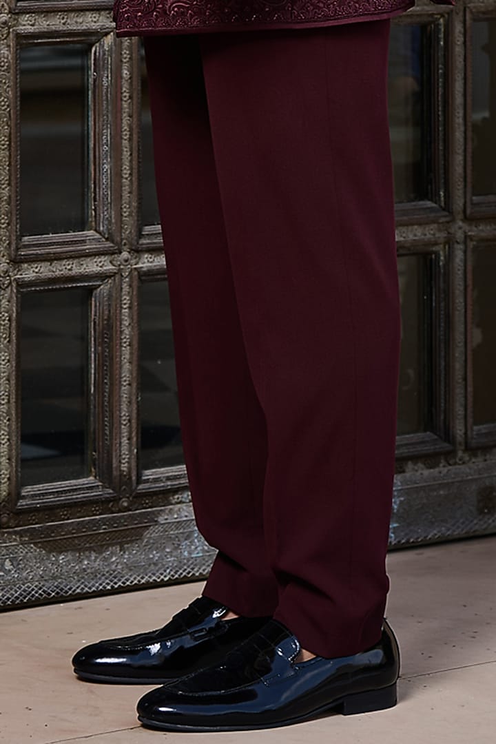Wine Georgette Thread & Sequin Embroidered Groom Bandhgala Set by Tarun Tahiliani Men at Pernia's Pop Up Shop