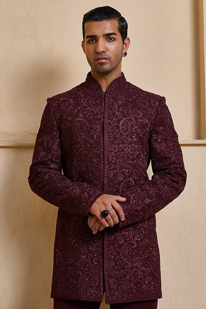 Wine Georgette Thread & Sequin Embroidered Groom Bandhgala Set by Tarun Tahiliani Men at Pernia's Pop Up Shop