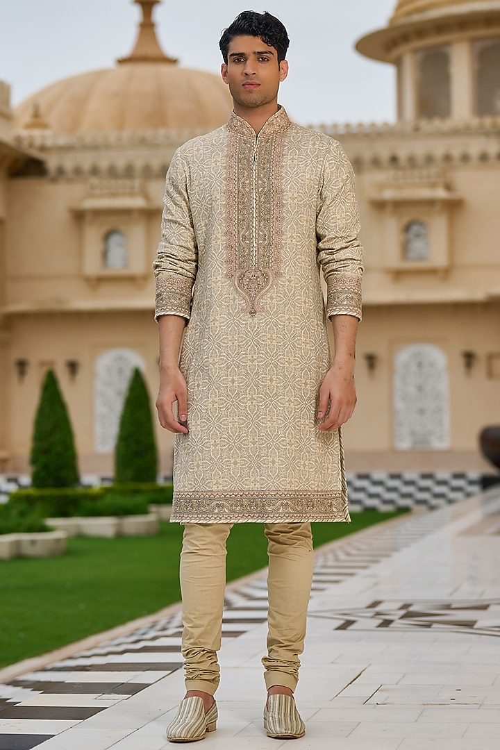 Brown Cotton Moss Printed Kurta Set by Tarun Tahiliani Men at Pernia's Pop Up Shop