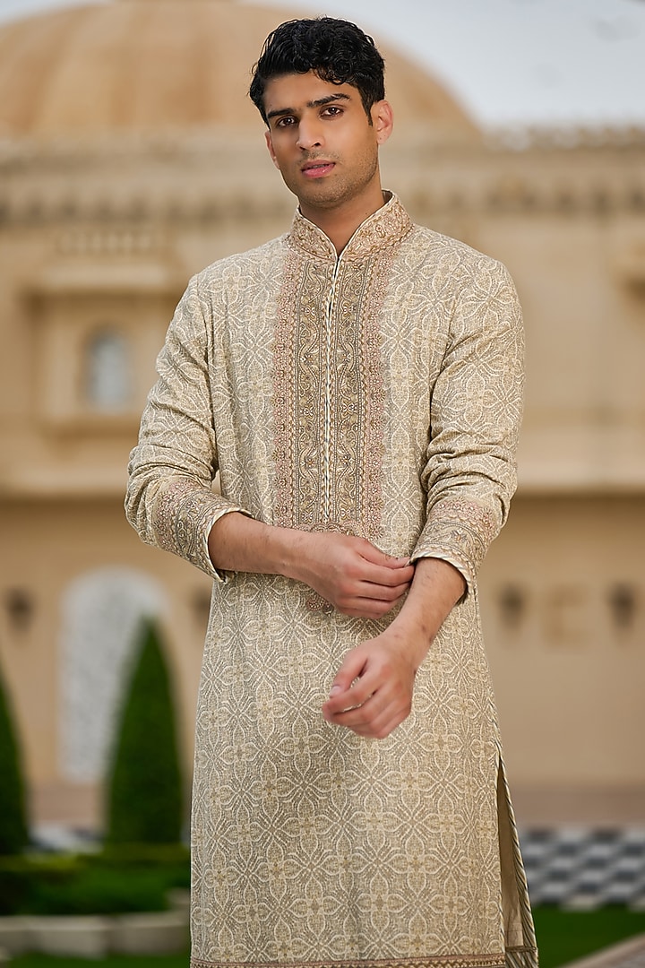 Brown Cotton Moss Printed Kurta Set by Tarun Tahiliani Men at Pernia's Pop Up Shop