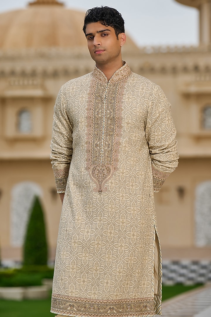 Brown Cotton Moss Printed Kurta Set by Tarun Tahiliani Men at Pernia's Pop Up Shop