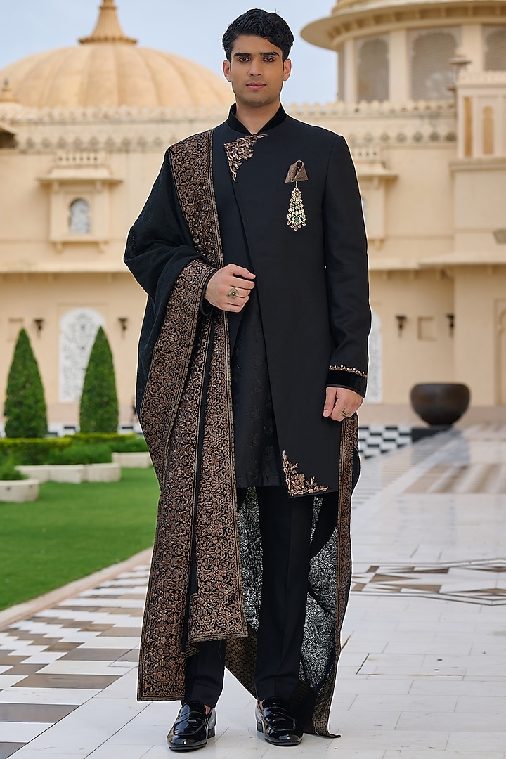Black Suiting Structured Groom Sherwani Set by Tarun Tahiliani Men at Pernia's Pop Up Shop