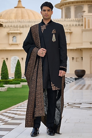 Black Suiting Structured Sherwani Set by Tarun Tahiliani Men