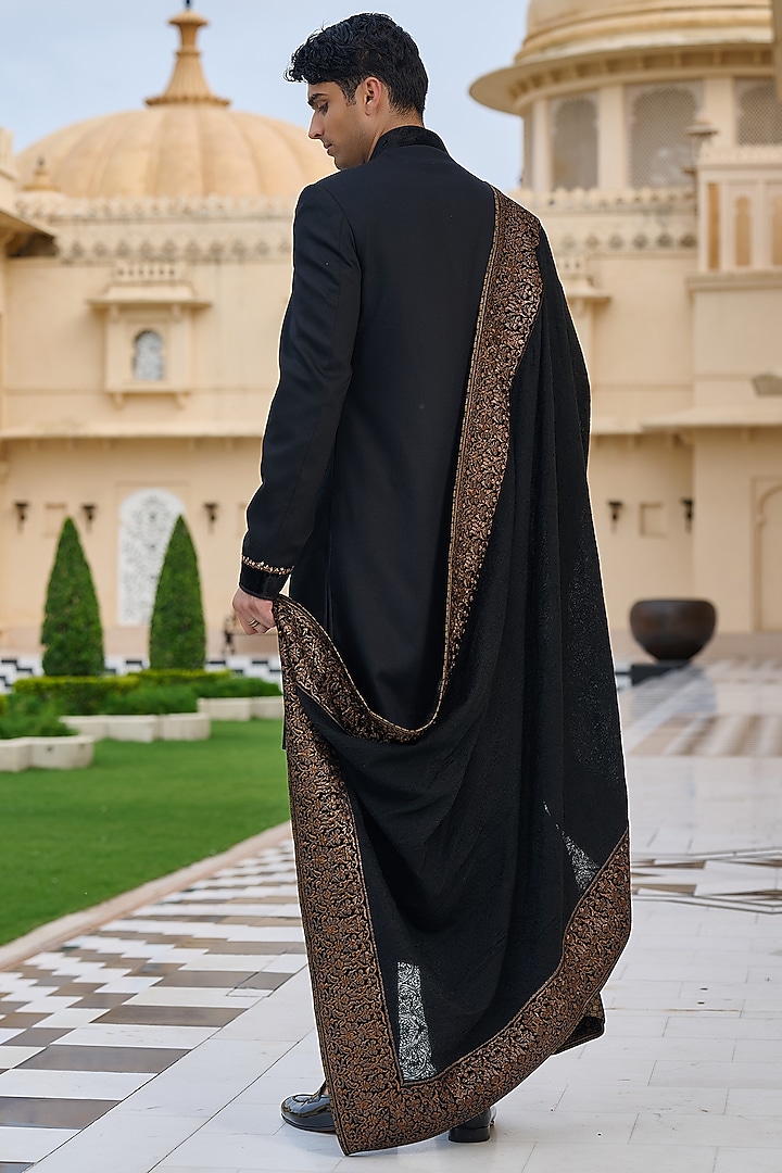 Black Suiting Structured Groom Sherwani Set by Tarun Tahiliani Men at Pernia's Pop Up Shop