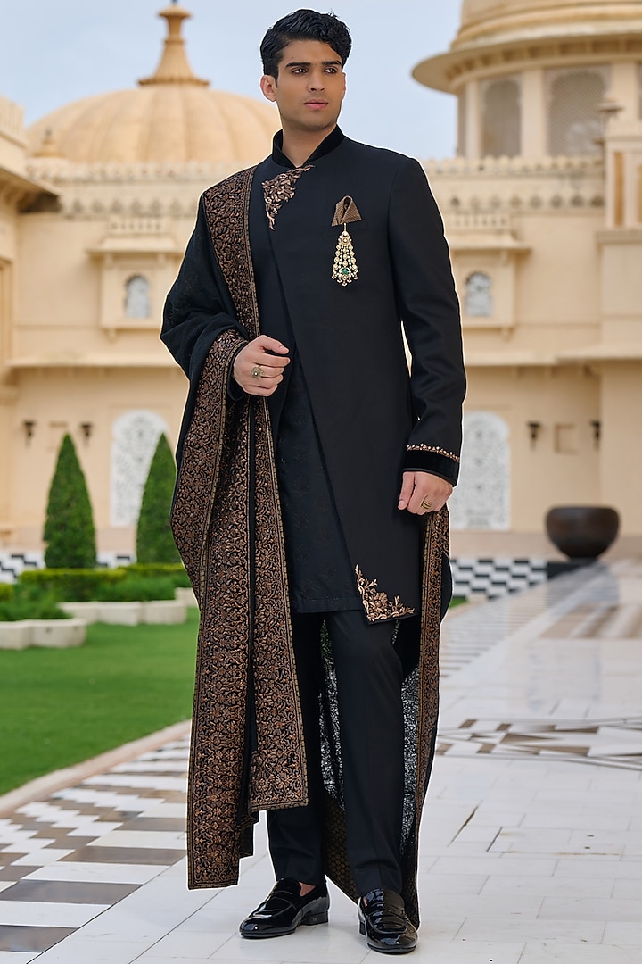 Black Suiting Structured Groom Sherwani Set by Tarun Tahiliani Men at Pernia's Pop Up Shop