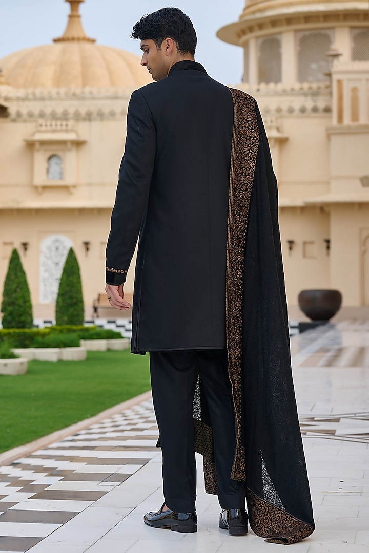 Black Suiting Structured Groom Sherwani Set by Tarun Tahiliani Men at Pernia's Pop Up Shop
