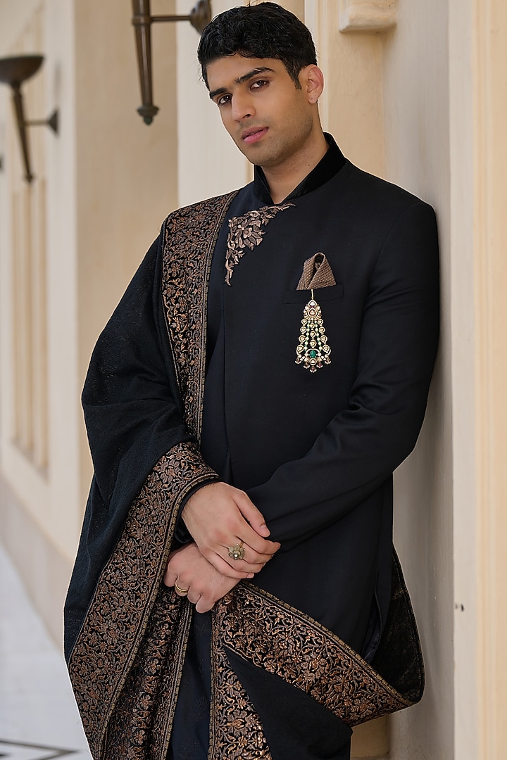 Black Suiting Structured Groom Sherwani Set by Tarun Tahiliani Men at Pernia's Pop Up Shop