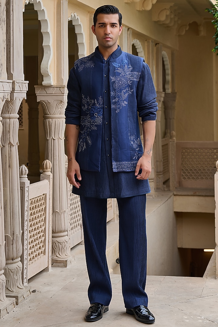 Navy Cotton Jacquard Thread & Pearl Embroidered Waistcoat Set by Tarun Tahiliani Men at Pernia's Pop Up Shop