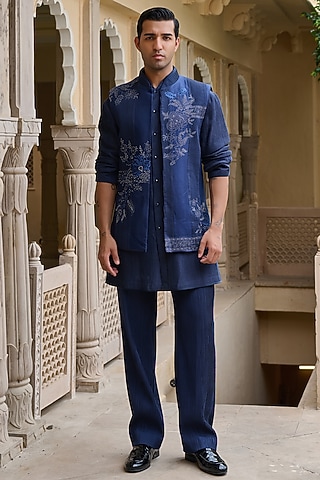Navy Cotton Jacquard Thread & Pearl Embroidered Waistcoat Set by Tarun Tahiliani Men