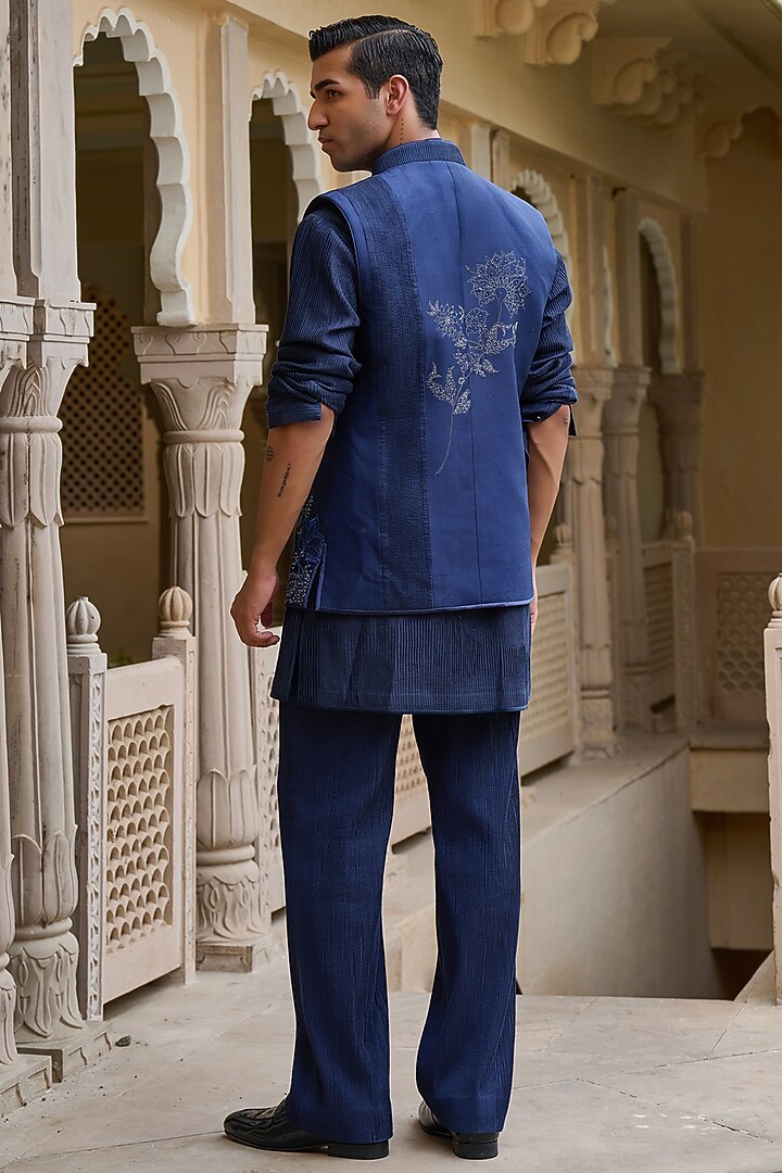 Navy Cotton Jacquard Thread & Pearl Embroidered Waistcoat Set by Tarun Tahiliani Men at Pernia's Pop Up Shop