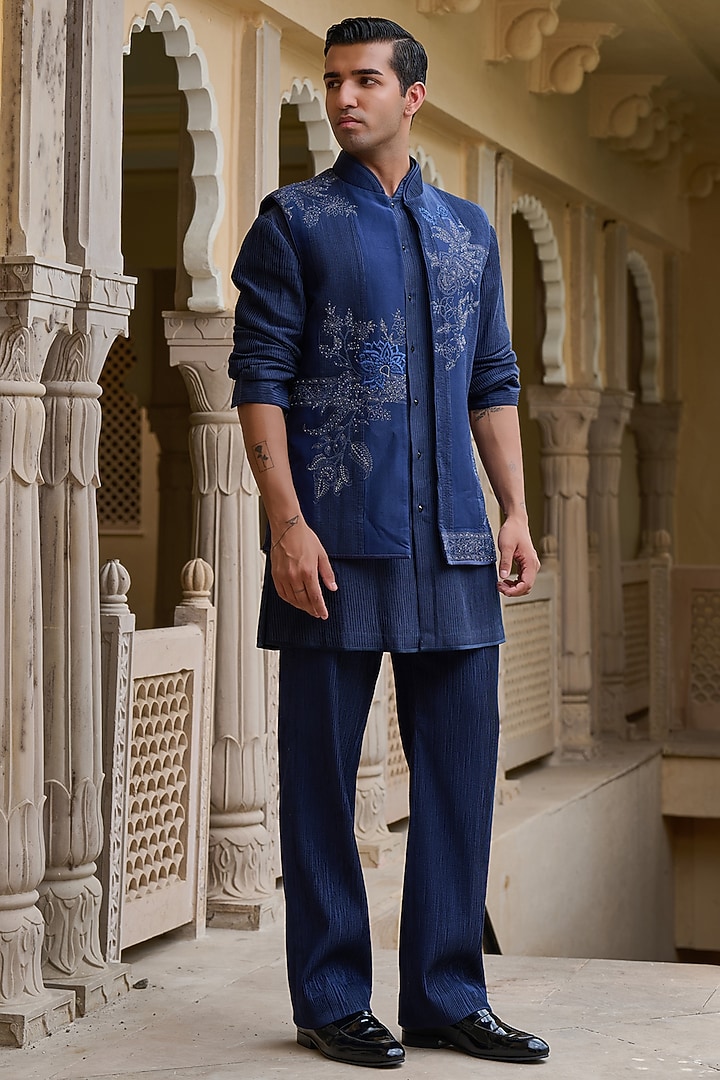 Navy Cotton Jacquard Thread & Pearl Embroidered Waistcoat Set by Tarun Tahiliani Men at Pernia's Pop Up Shop