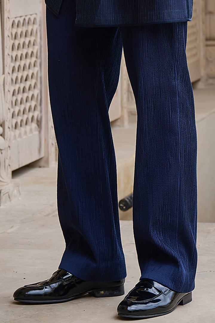 Navy Cotton Jacquard Thread & Pearl Embroidered Waistcoat Set by Tarun Tahiliani Men at Pernia's Pop Up Shop