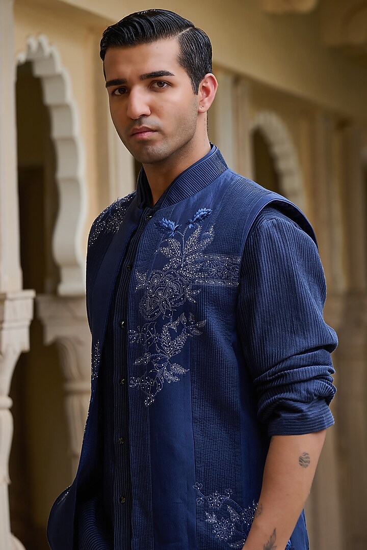Navy Cotton Jacquard Thread & Pearl Embroidered Waistcoat Set by Tarun Tahiliani Men at Pernia's Pop Up Shop