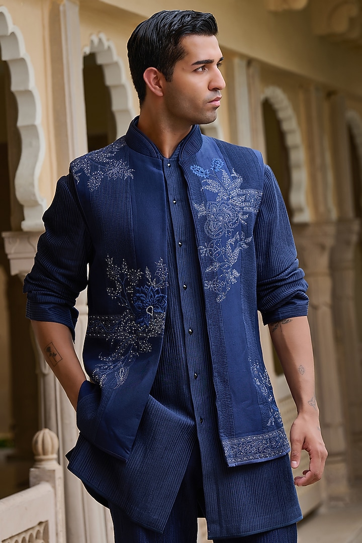 Navy Cotton Jacquard Thread & Pearl Embroidered Waistcoat Set by Tarun Tahiliani Men at Pernia's Pop Up Shop