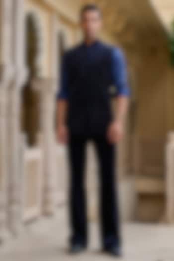 Navy Cotton Velvet Asymmetric Striped Waistcoat Set by Tarun Tahiliani Men at Pernia's Pop Up Shop