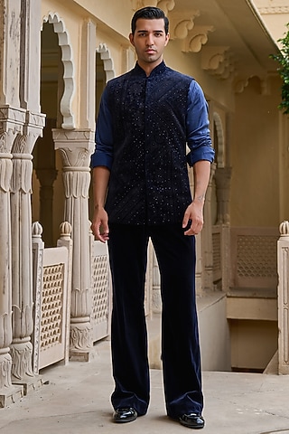 Navy Cotton Velvet Asymmetric Striped Waistcoat Set by Tarun Tahiliani Men