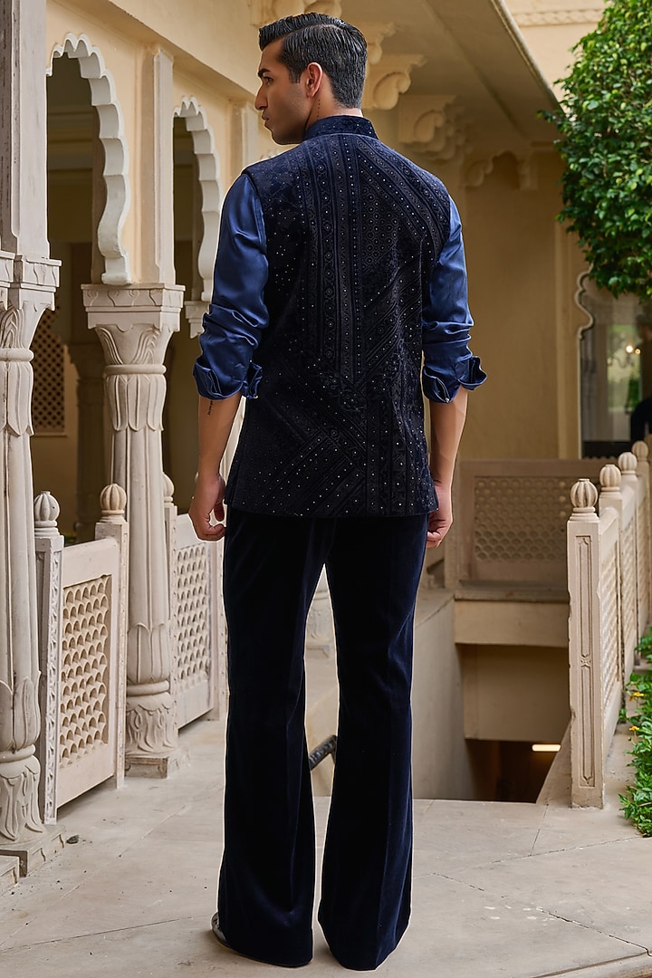 Navy Cotton Velvet Asymmetric Striped Waistcoat Set by Tarun Tahiliani Men at Pernia's Pop Up Shop