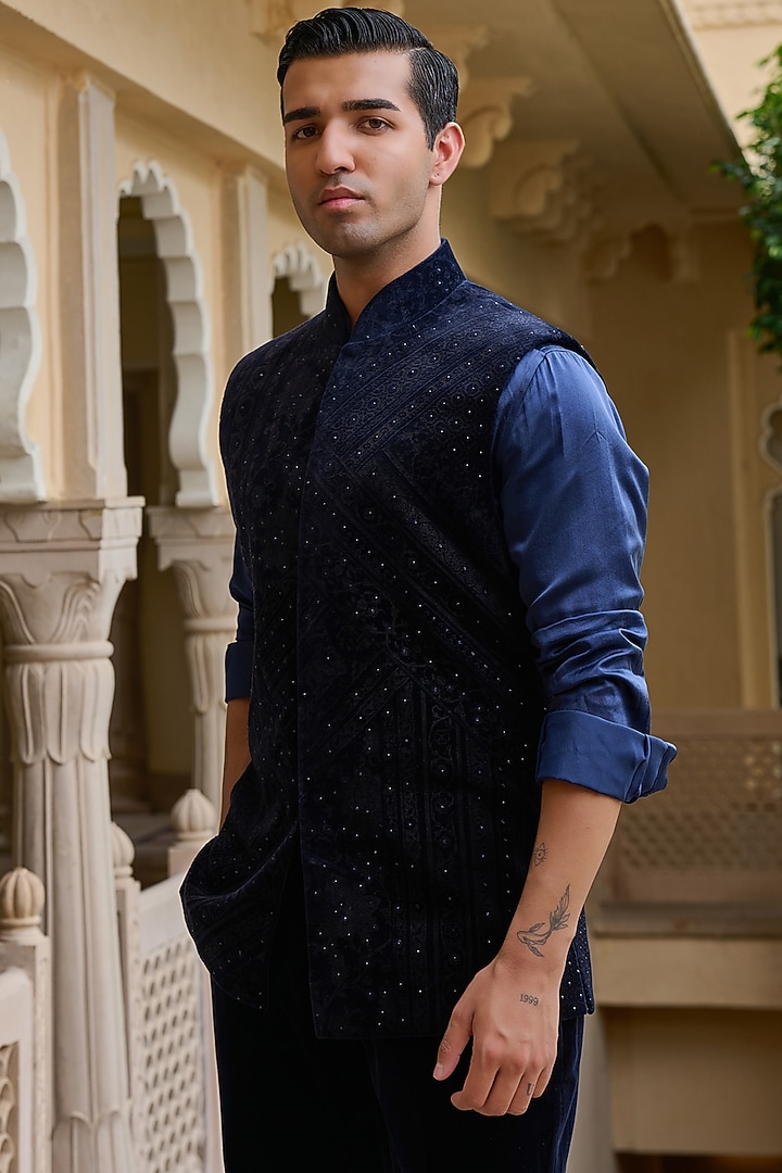 Navy Cotton Velvet Asymmetric Striped Waistcoat Set by Tarun Tahiliani Men at Pernia's Pop Up Shop