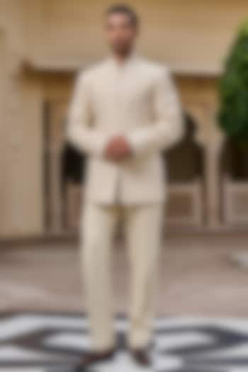 Beige Georgette Chikankari Hand Embroidered Groom Bandhgala Set by Tarun Tahiliani Men at Pernia's Pop Up Shop