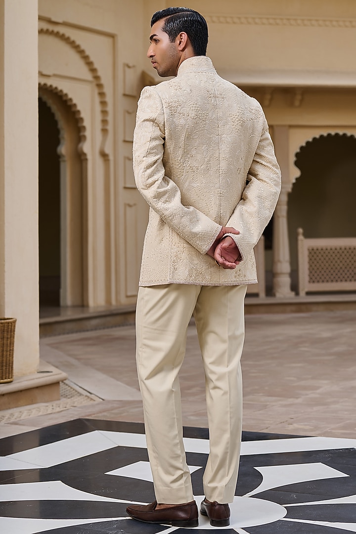 Beige Georgette Chikankari Hand Embroidered Groom Bandhgala Set by Tarun Tahiliani Men at Pernia's Pop Up Shop