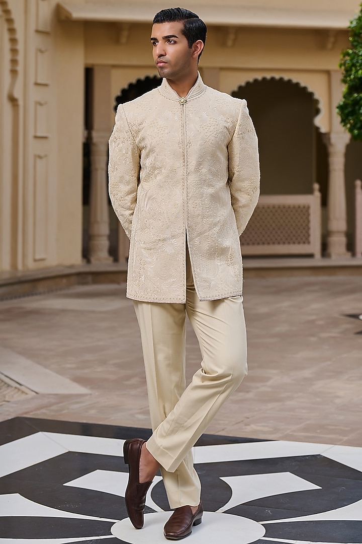 Beige Georgette Chikankari Hand Embroidered Groom Bandhgala Set by Tarun Tahiliani Men at Pernia's Pop Up Shop