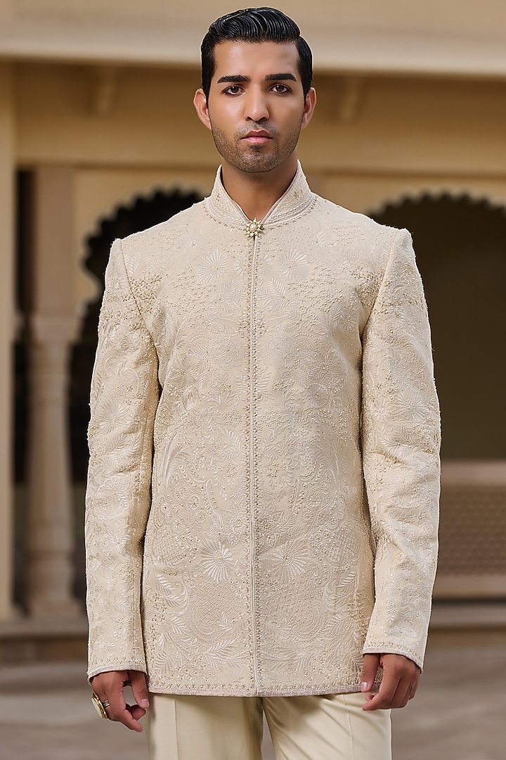 Beige Georgette Chikankari Hand Embroidered Groom Bandhgala Set by Tarun Tahiliani Men at Pernia's Pop Up Shop