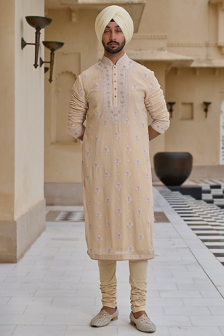 Beige Georgette Chikankari Embroidered Kurta Set by Tarun Tahiliani Men at Pernia's Pop Up Shop