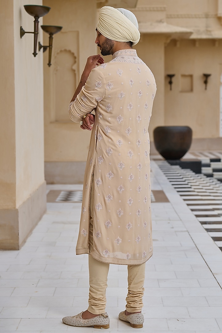 Beige Georgette Chikankari Embroidered Kurta Set by Tarun Tahiliani Men at Pernia's Pop Up Shop